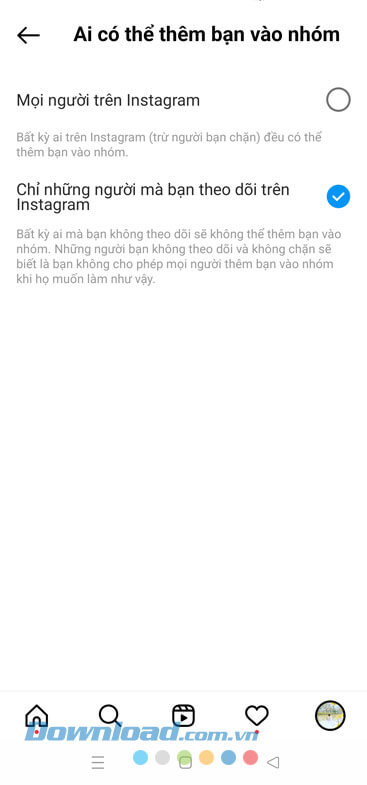 Đã chặn người lạ thêm vào nhóm trên Instagram