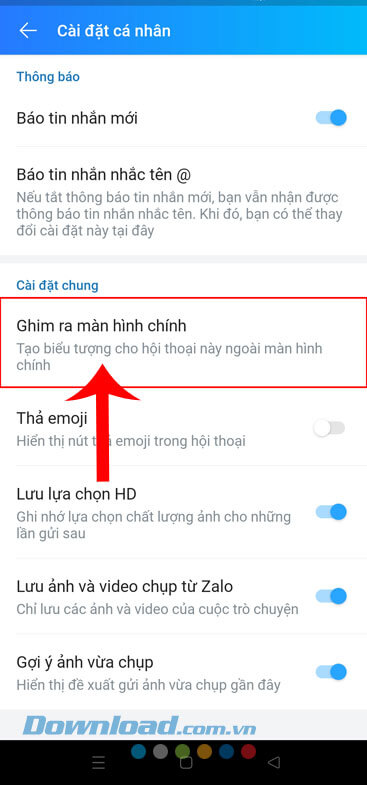 Ấn vào mục Ghim ra màn hình chính