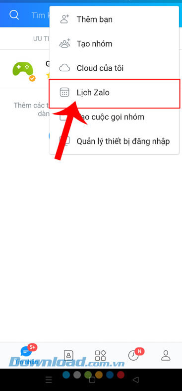 Chạm vào mục Lịch Zalo