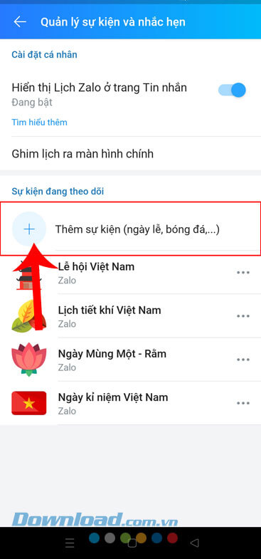 Ấn vào mục Thêm sự kiện (ngày lễ, bóng đá,...)