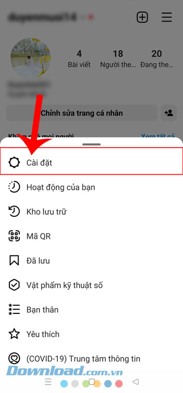 Chạm vào mục Cài đặt