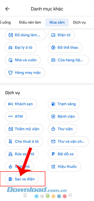 Chạm vào mục Sạc xe điện