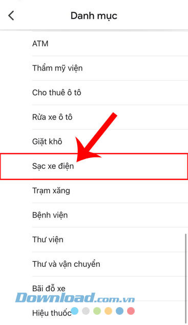 Nhấn vào mục Sạc xe điện