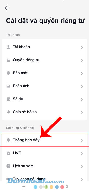 Nhấn vào mục Thông báo đẩy