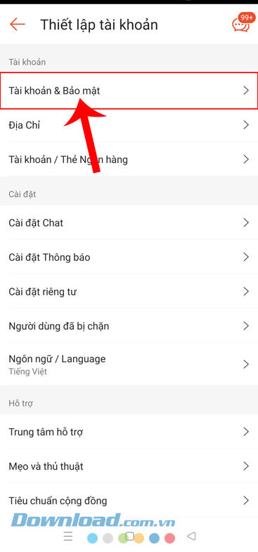 Nhấn vào mục Tài khoản & Bảo mật