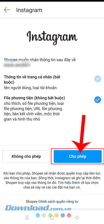 Nhấn vào nút Cho phép