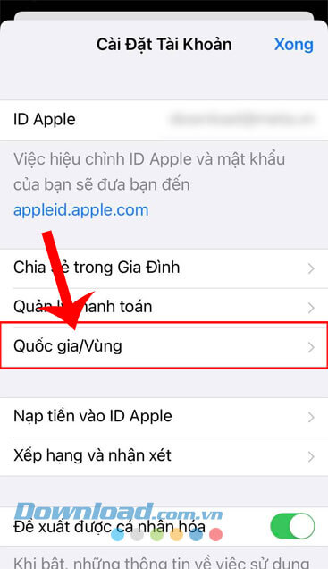 Chạm vào nút Quốc gia/Vùng