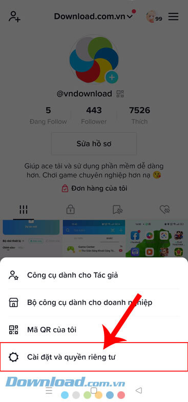 Nhấn vào mục Cài đặt và quyền riêng tư