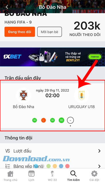 Chạm vào nút Trận đấu mà muốn cập nhật theo dõi tỷ số