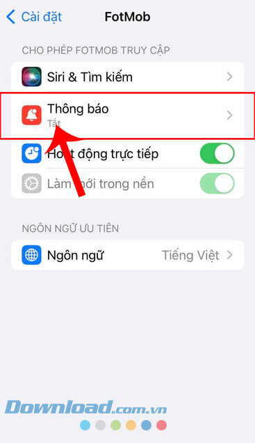 Nhấn vào mục Thông báo