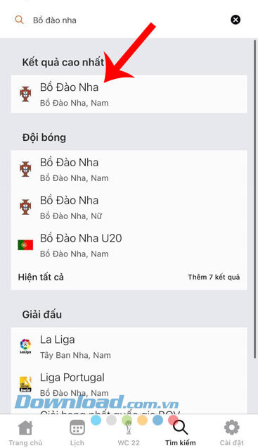 Nhấn vào đội bóng mà bạn theo dõi tỷ số World Cup 2022