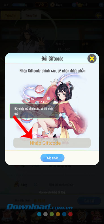 Nhập một trong những mã giftcode