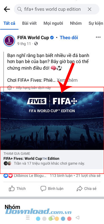 Chạm vào banner quảng cáo của game “FIFA+ Fives World Cup Edition”