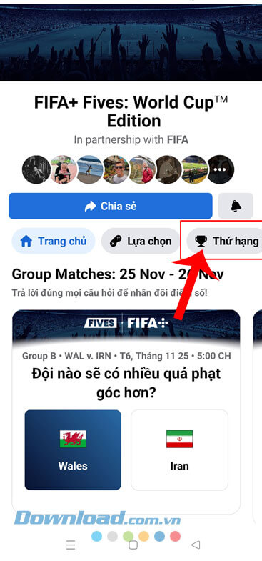 Nhấn vào mục Thứ hạng