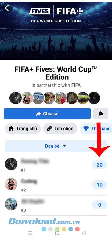 Thứ hạng của mình và bạn bè được hiển thị lên màn hình