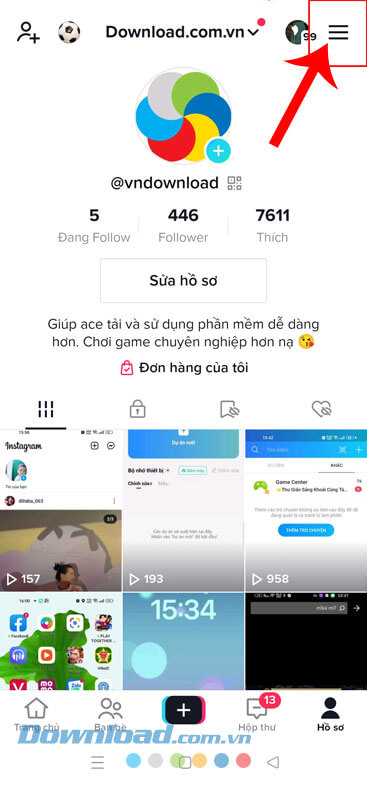 Chạm vào biểu tượng ba dấu gạch ngang