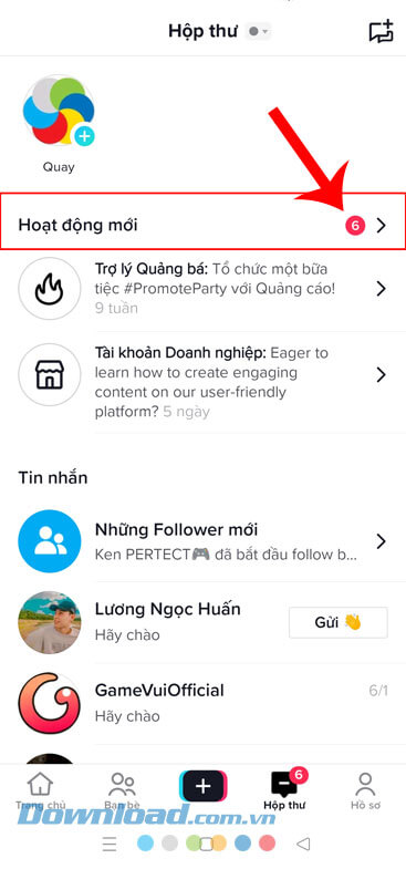 Chạm vào mục Hoạt động mới