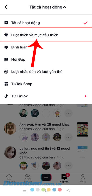 Ấn vào mục Lượt thích và mục Yêu thích