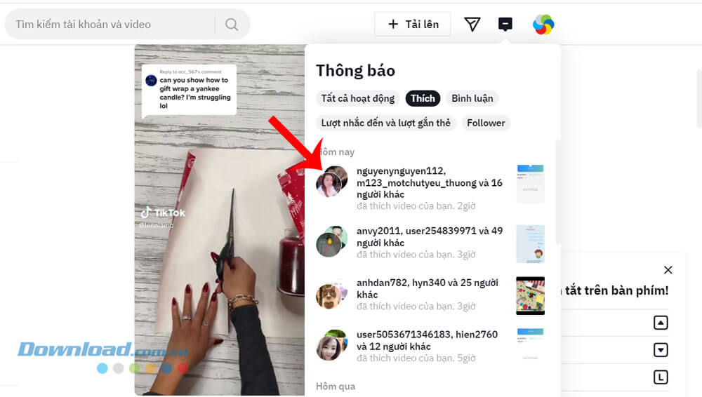 Toàn bộ ai đã thích video TikTok sẽ hiển thị trong khung thông báo