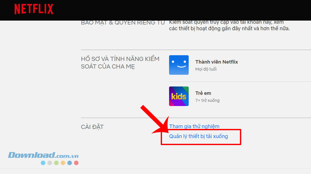 Click chuột vào mục Quản lý thiết bị tải xuống 