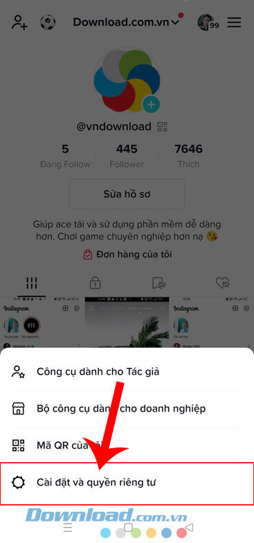 Nhấn vào mục Cài đặt và quyền riêng tư