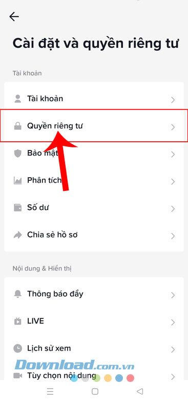 Ấn vào mục Quyền riêng tư