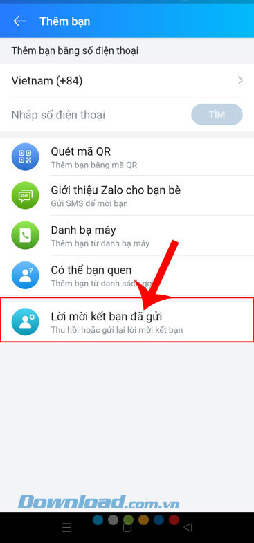 Ấn vào mục Lời mời kết bạn đã gửi