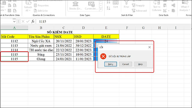 Thông báo trùng dữ liệu