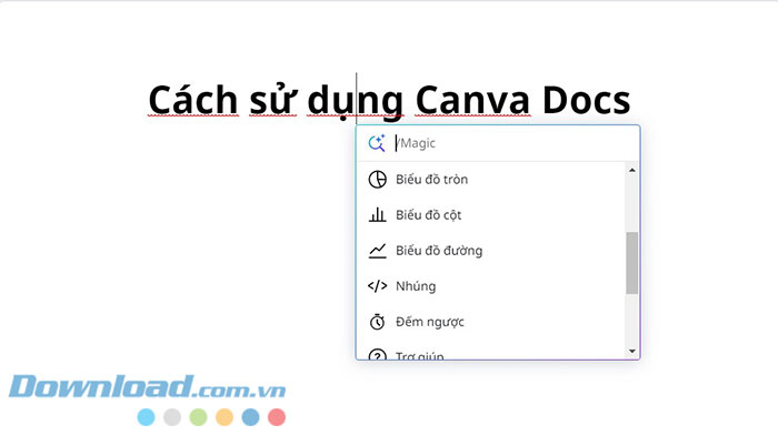 Một số tiện ích tích hợp trong menu Magic của Canva Docs