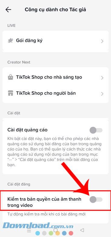 Gạt công tắc Kiểm tra bản quyền của âm thanh trong video