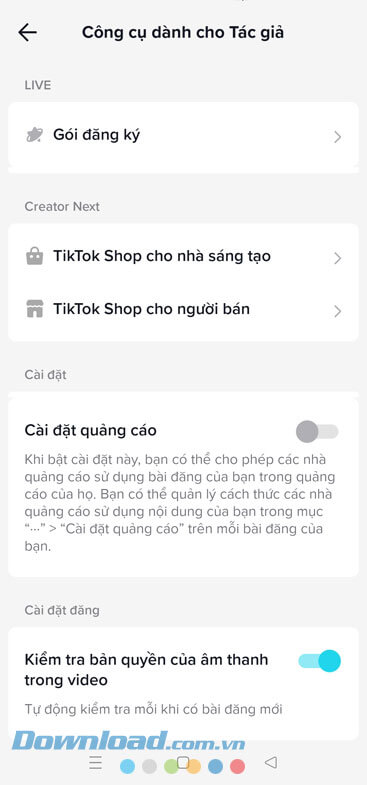 Đã bật Kiểm tra bản quyền của âm thanh trong video