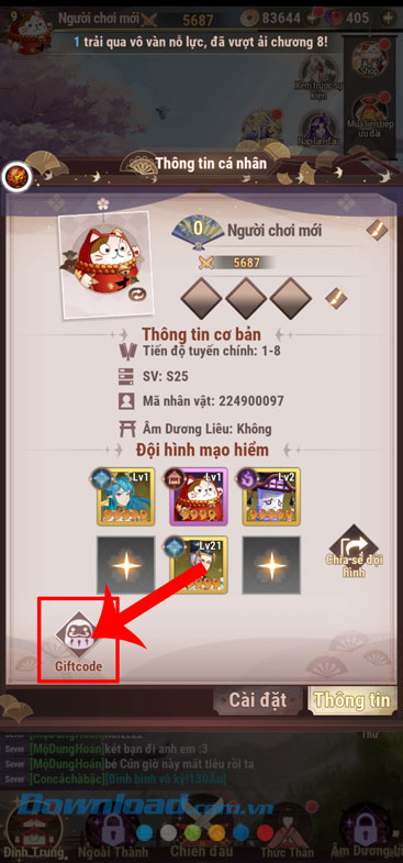 Chạm vào nút Giftcode