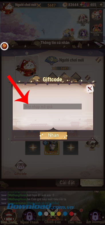 Nhập mã code, rồi nhấn vào nút Nhận