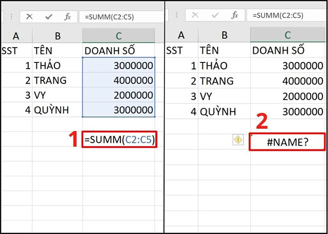 Viết sai chính tả tên hàm