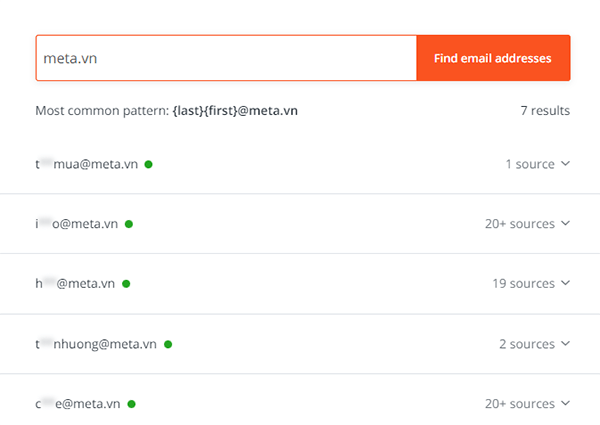 Hunter.io hỗ trợ tìm kiếm toàn bộ địa chỉ Email liên quan bằng cách nhập tên công ty hoặc tên miền