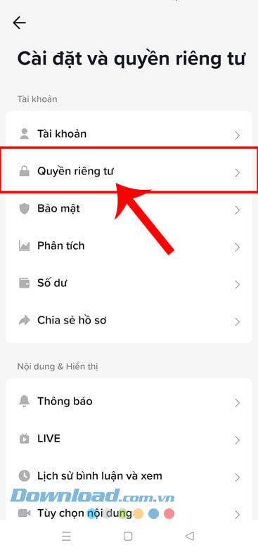 Ấn vào mục Quyền riêng tư