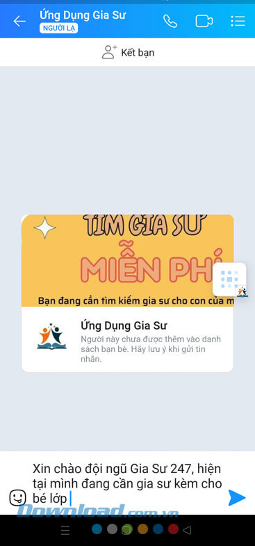 Gửi tin nhắn tìm kiếm gia sư đến hệ thống của Ứng dụng Gia Sư.