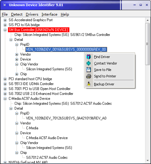 Giao diện của Unknown Device Identifier