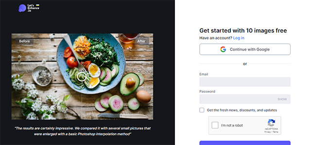 Đăng nhập Let's Enhance bằng tài khoản đã tạo hoặc thông qua Google, Facebook