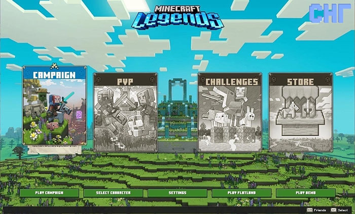 Menu chính của Minecraft Legends với nhiều chế độ khác nhau