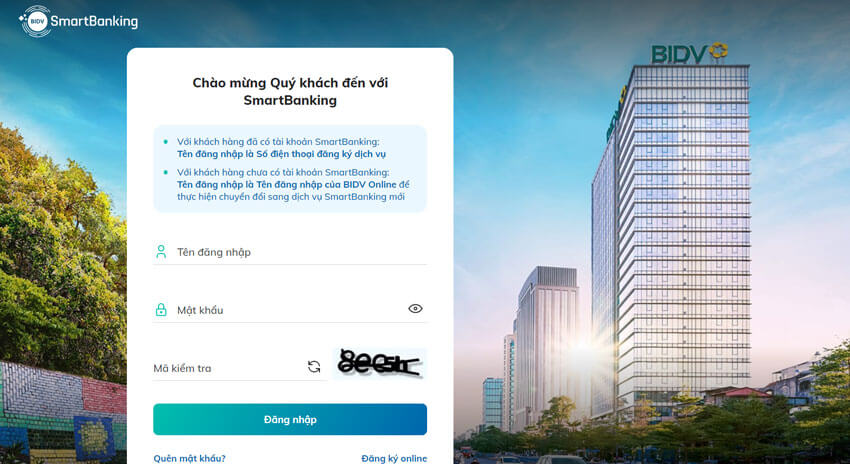 Giao diện đăng nhập tài khoản BIDV Smart Banking trên máy tính