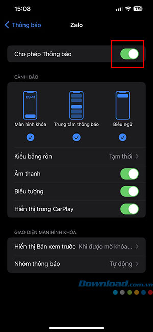 Zalo khong thong bao cuoc goi den 8*416610