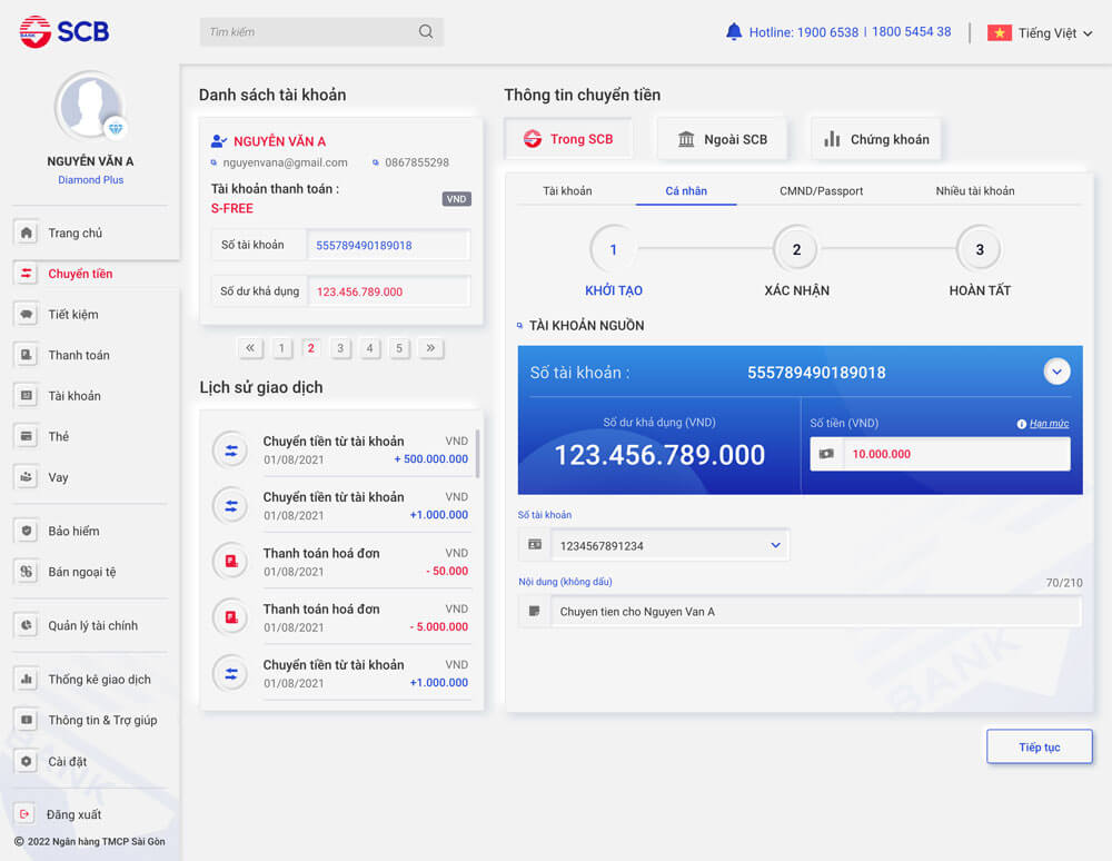 Chuyển tiền trên SCB Internet Banking