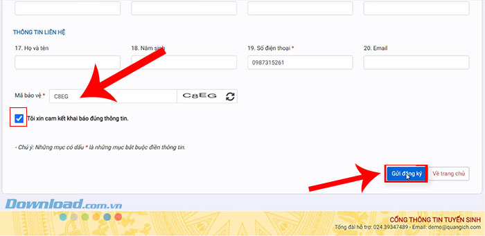 Nhấn vào nút Gửi đăng ký