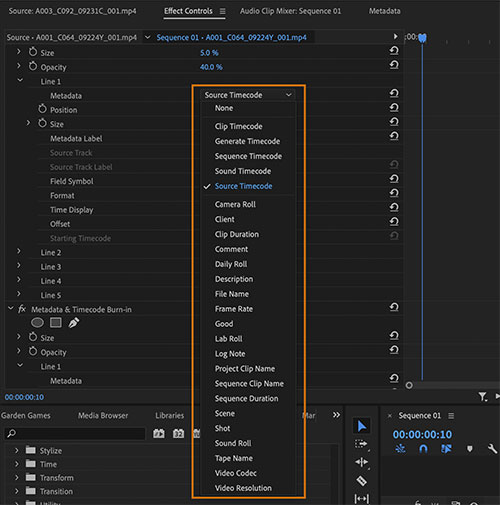 Khám phá các hiệu ứng Timecode Burn-in và Metadata trong Premiere Pro 2023