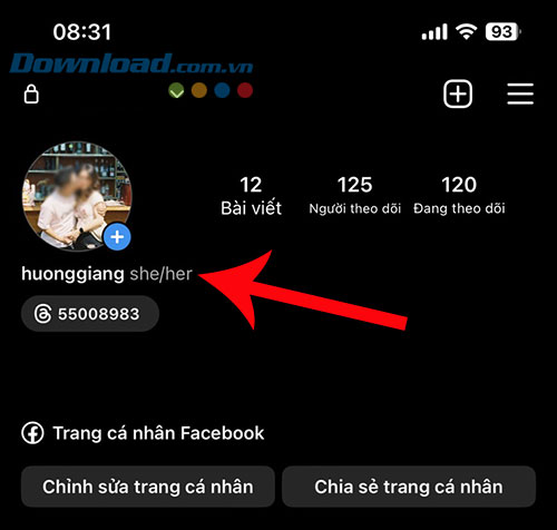 Tiểu sử Instagram sau khi được thêm danh xưng/đại từ chỉ giới