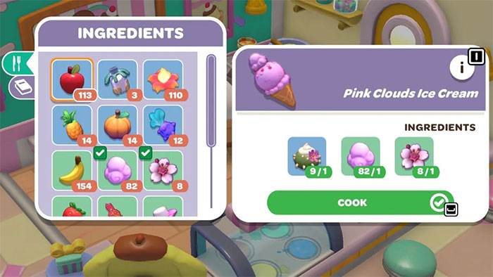 Người chơi cần thu thập đủ nguyên liệu và nhấn Cook để bắt đầu chế biến một món ăn