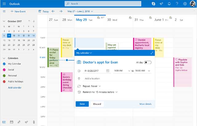 Dễ dàng xem lịch bằng ứng dụng web hỗ trợ gửi email miễn phí Outlook