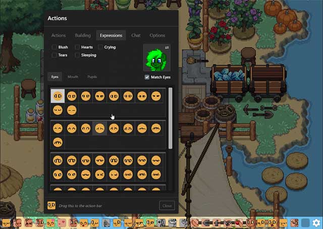Trong tab "Expressions", tạo biểu cảm bằng cách nhấn vào mắt, miệng,..