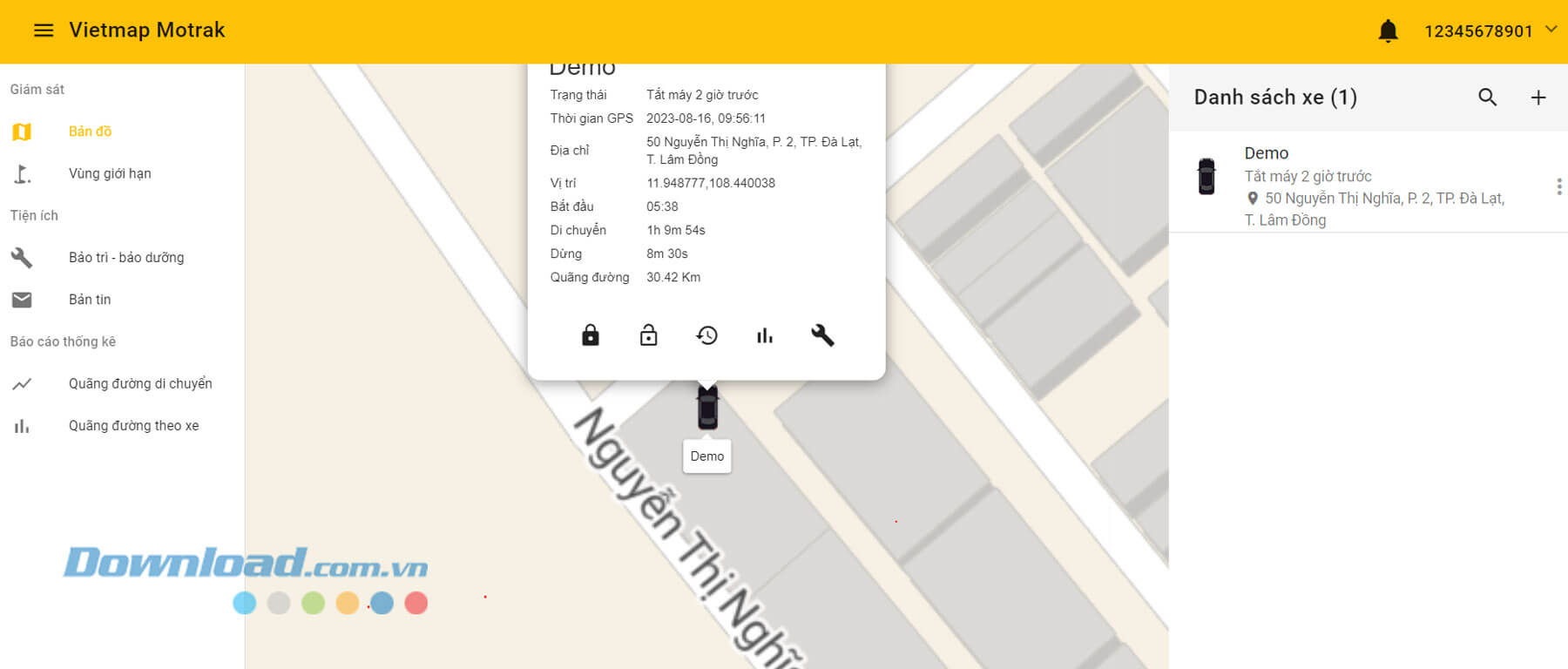 Giao diện theo dõi, định vị xe trên trang web Vietmap Motrak